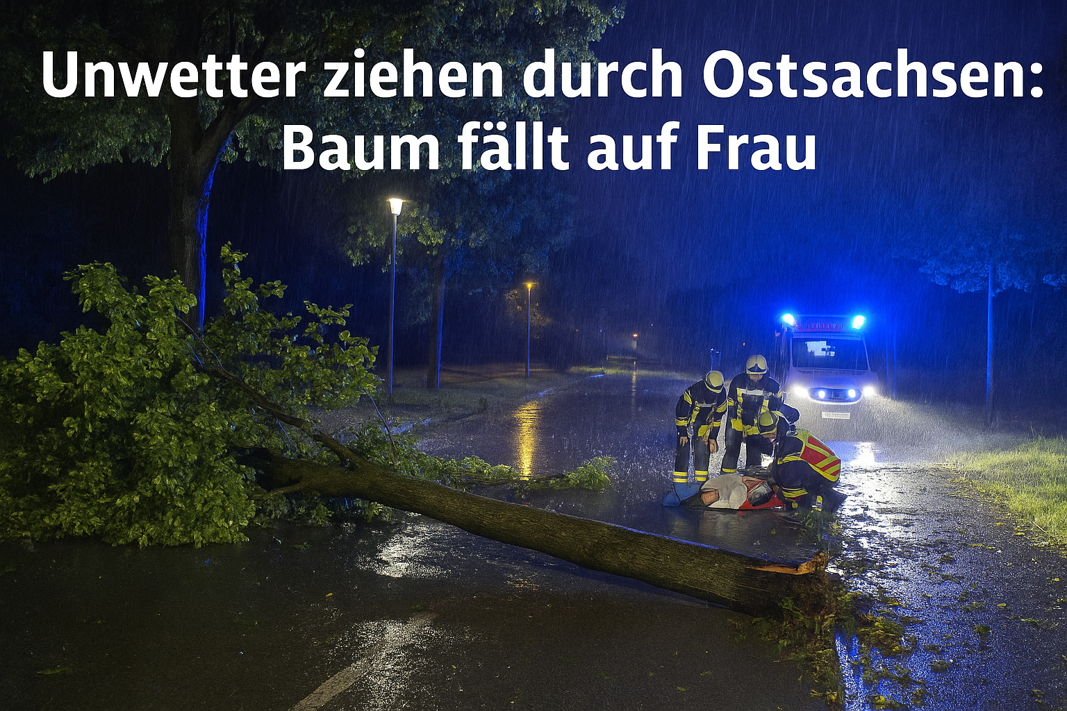 Unwetter in Ostsachsen: Feuerwehrkräfte retten Frau, auf die ein Baum gestürzt ist. Einsatz bei Starkregen in der Nacht, Blaulicht von Rettungswagen, umgestürzter Baum blockiert Straße bei Koitzsch im Landkreis Bautzen