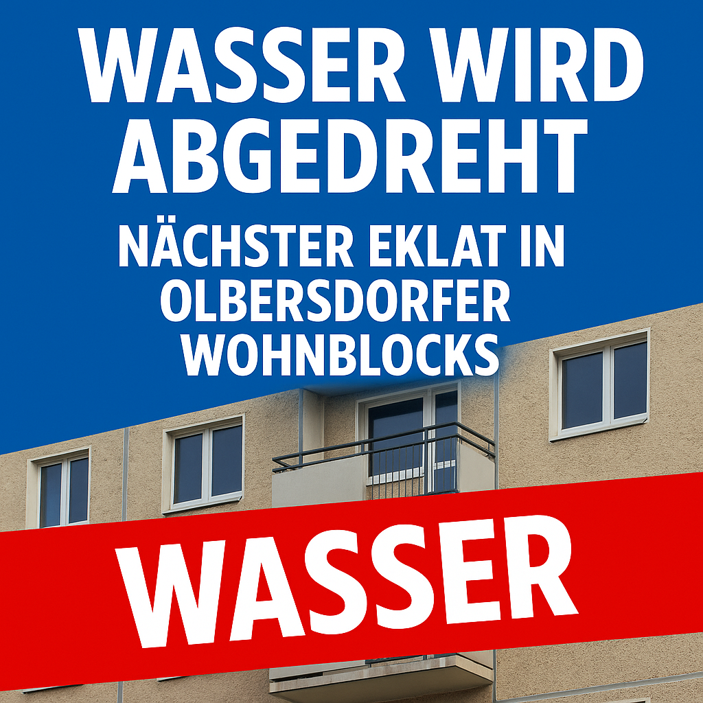 Beitragsbild: Wasser wird abgedreht in Olbersdorfer Wohnblocks. Textgrafik mit Schriftzug 'Wasser wird abgedreht – nächster Eklat in Olbersdorfer Wohnblocks' vor einem Wohnblock. Skandal um Wasserversorgung.