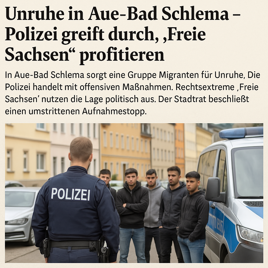 Polizei kontrolliert Gruppe junger Migranten in Aue-Bad Schlema. Polizeieinsatz wegen Unruhe in der Innenstadt, im Hintergrund Streifenwagen und Wohnhäuser. Thema: Sicherheitslage und politische Reaktionen in Sachsen