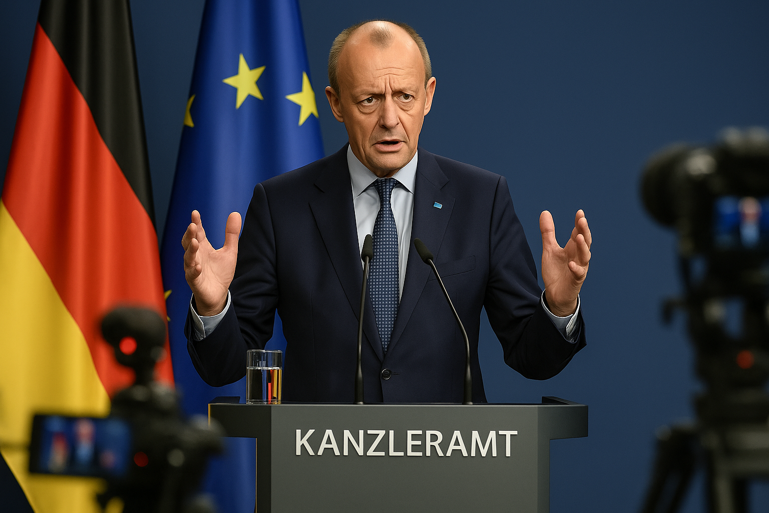 Friedrich Merz bei Pressekonferenz im Kanzleramt, spricht am Rednerpult mit Kanzleramt-Schriftzug, im Hintergrund die Deutschland- und EU-Flagge, Thema Sommerbilanz der Bundesregierung 2025.