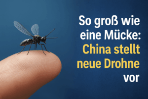 Mini-Drohne in Form einer Mücke sitzt auf einer Fingerspitze. Rechts im Bild der Text: ‚So groß wie eine Mücke: China stellt neue Drohne vor‘