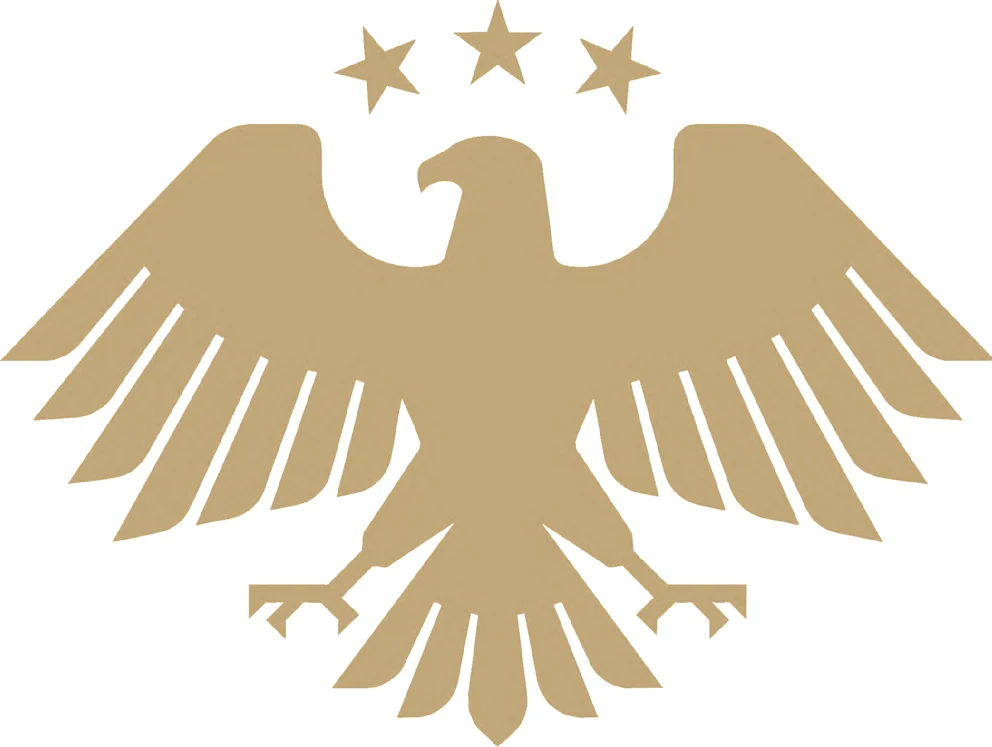 Neues Staatswappen von Syrien mit goldenem Adler und drei Sternen