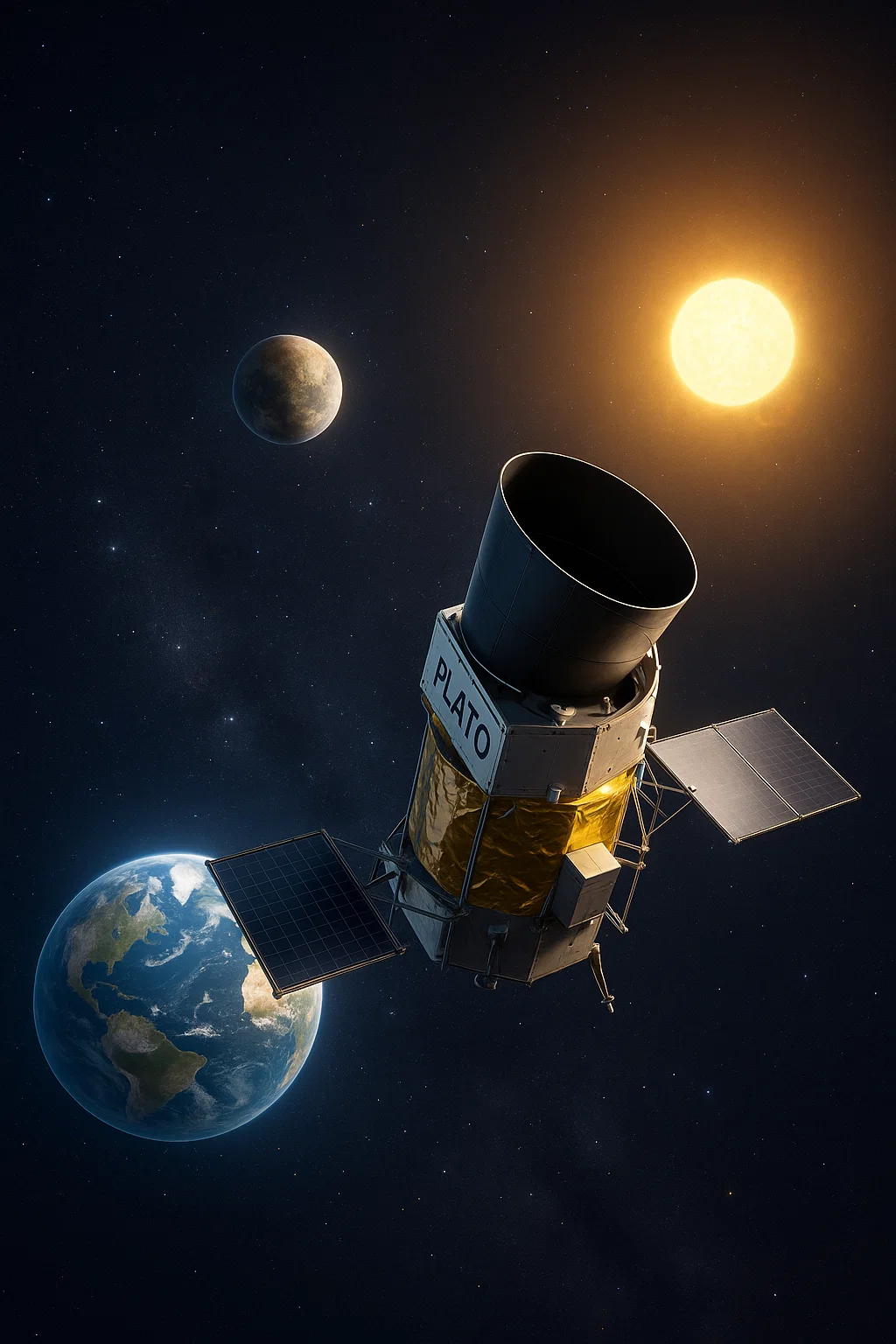 Visualisierung des ESA-Satelliten PLATO im All auf der Suche nach einer zweiten Erde