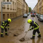 Feuerwehr hebt Gullydeckel nach Überflutung auf der Goethestraße in Zittau