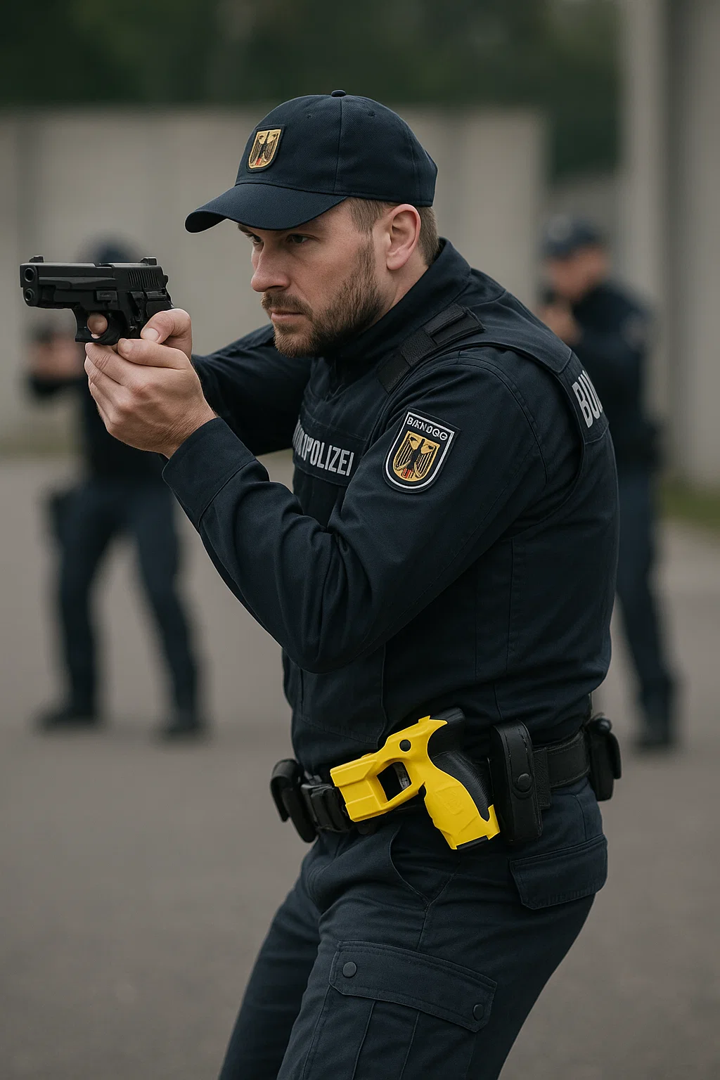 Ein Bundespolizist mit einem gelb markierten Taser im Einsatz – bald bundesweit gesetzlich erlaubt?