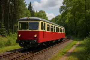 Dieseltriebwagen der Zittauer Schmalspurbahn auf der Strecke zwischen Oybin und Jonsdorf“