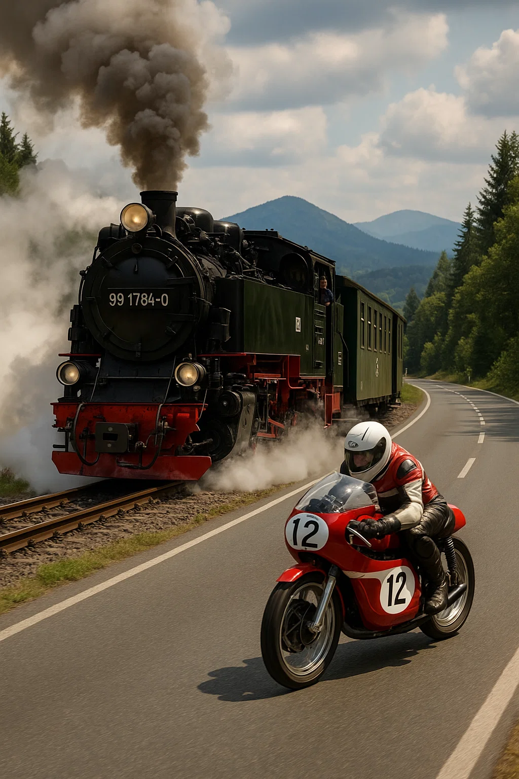 Motorradfahrer bei der Rückführung nach dem Bergrennenlauf in Lückendorf, angeführt vom Startnummer-553-Pilot, der in die Kamera winkt