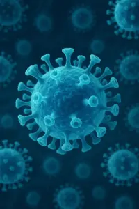Grafische Darstellung der Corona-Variante Stratus unter dem Mikroskop mit markierten Spike-Protein-Mutationen.
