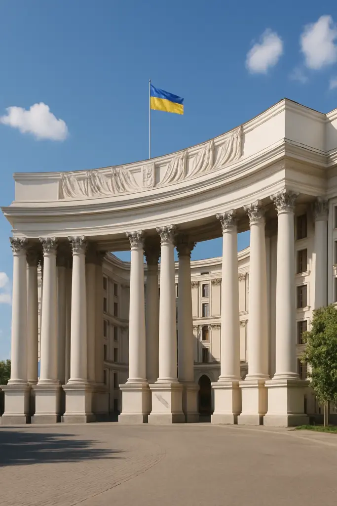Ukrainisches Außenministerium in Kiew, Regierungsgebäude mit Fahnen vor dem Eingang