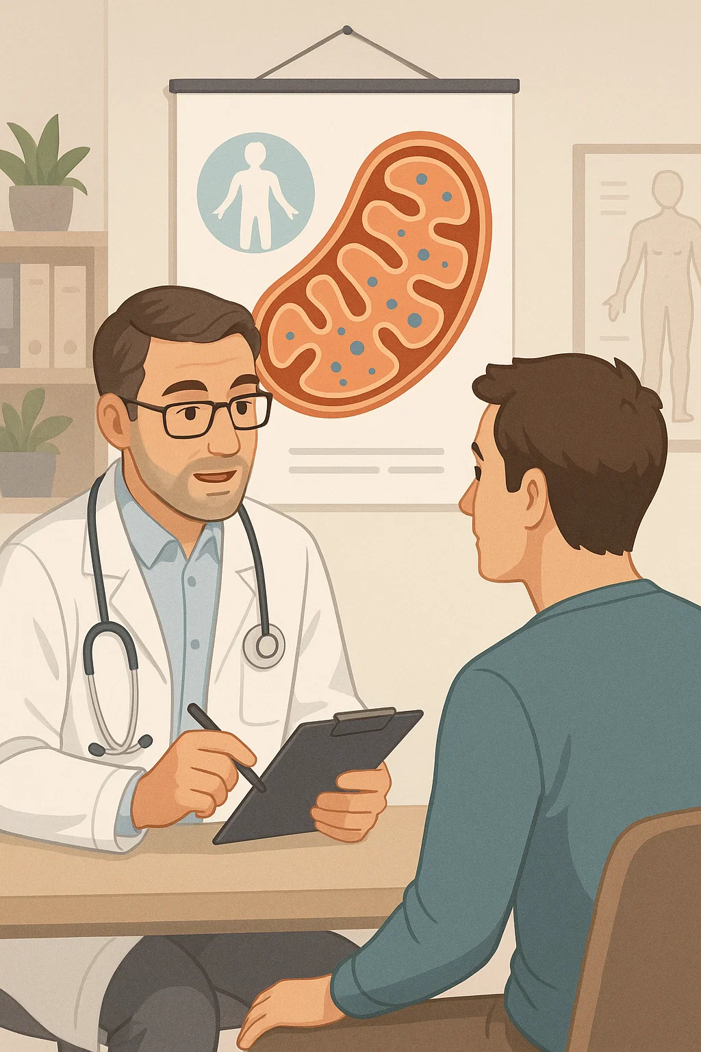 „Arzt erklärt einem Patienten anhand einer Grafik die Rolle der Mitochondrien und ihrer DNA für die Gesundheit.“
