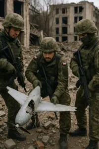 Polnische Soldaten sichern im Landesinneren Trümmerteile einer abgeschossenen russischen Drohne nach dem Luftraumvorfall