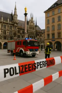 Polizeisperrung am Görlitzer Marienplatz während des Feuerwehreinsatzes nach einem Hotel-Alarm.