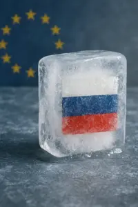 Symbolbild für eingefrorene russische Vermögenswerte in der EU – Euro-Scheine und russische Flagge im Hintergrund.