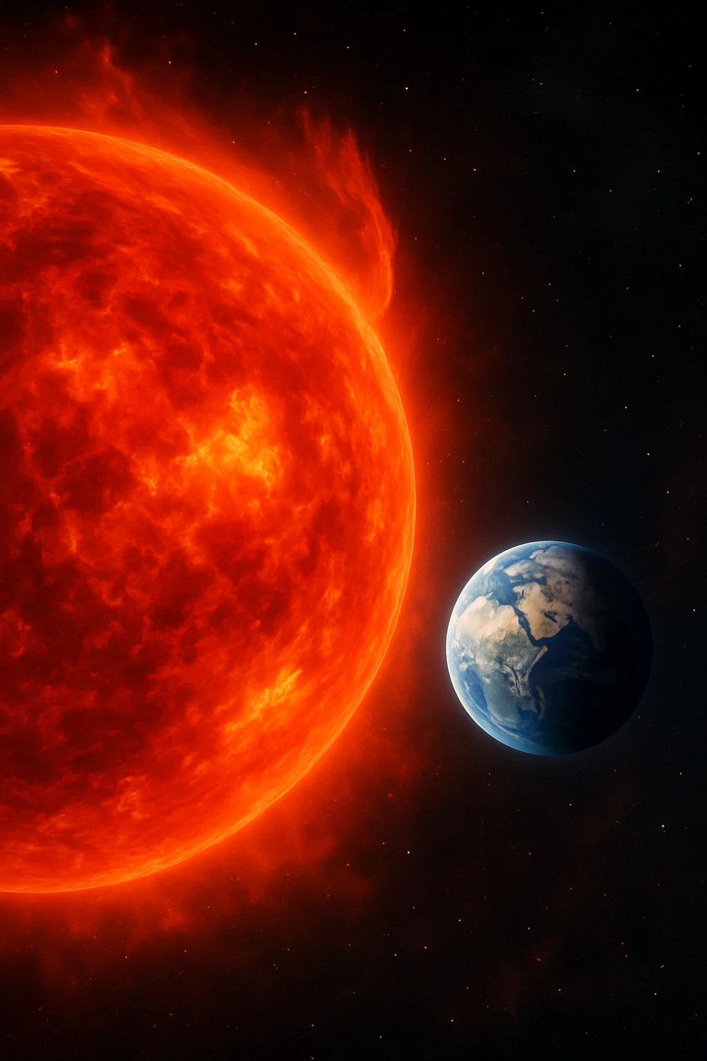 Visualisierung der Sonne als aufgeblähter Roter Riese, der die Erde in ferner Zukunft bedroht.