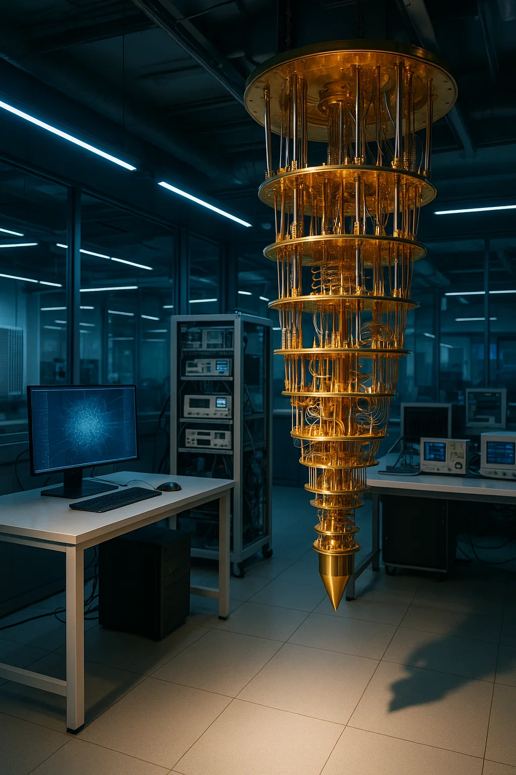 Forschungszentrum mit Hightech-Labor für Quantencomputer – Kabel, Kühlkammern und moderne Technik