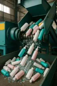 Recycling-Maschinen im Einsatz zur Zerkleinerung und Reinigung alter Kosmetikflaschen für die Wiederverwertung