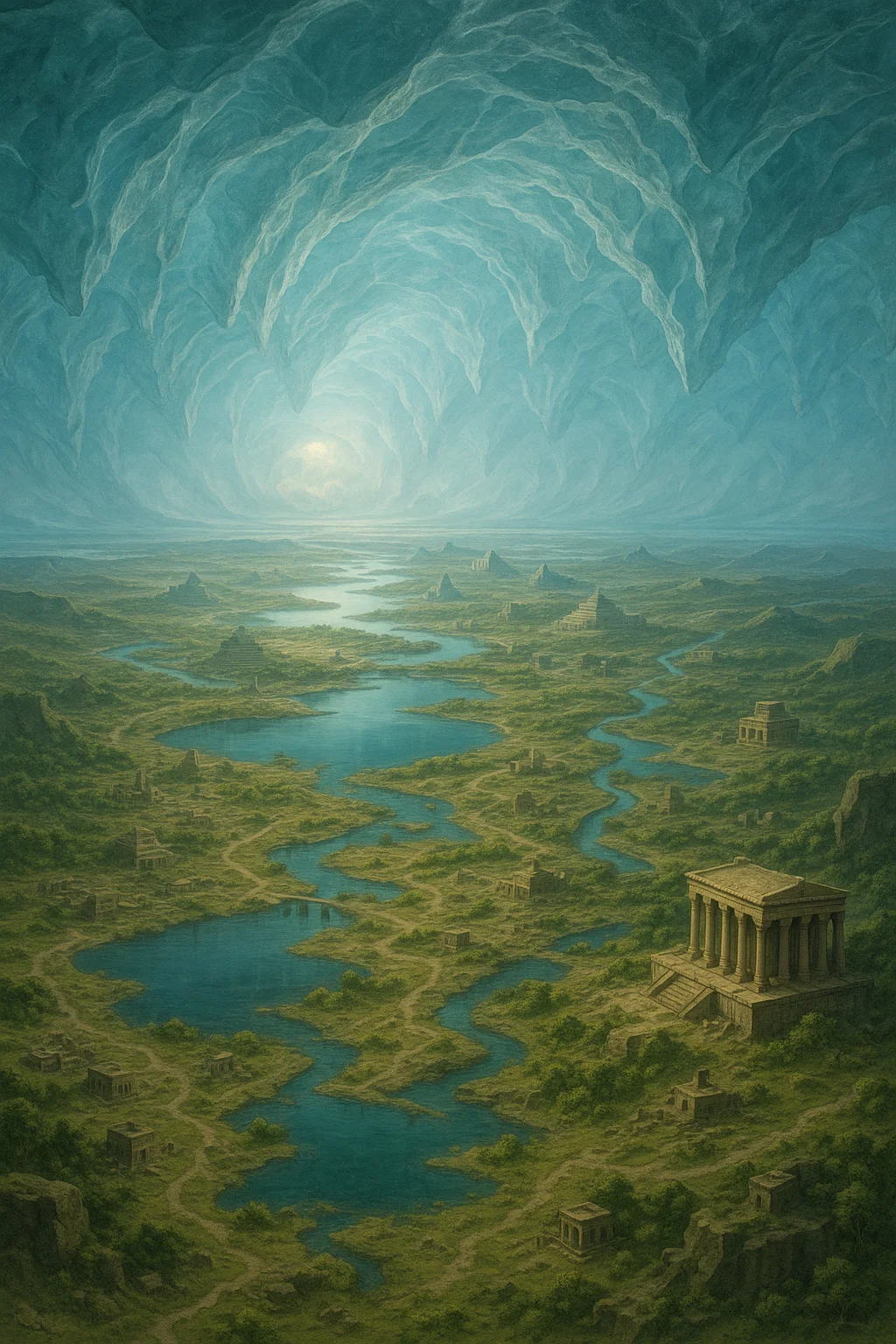 Visualisierung einer antiken Welt unter dem Eis der Antarktis mit Seen und Flüssen