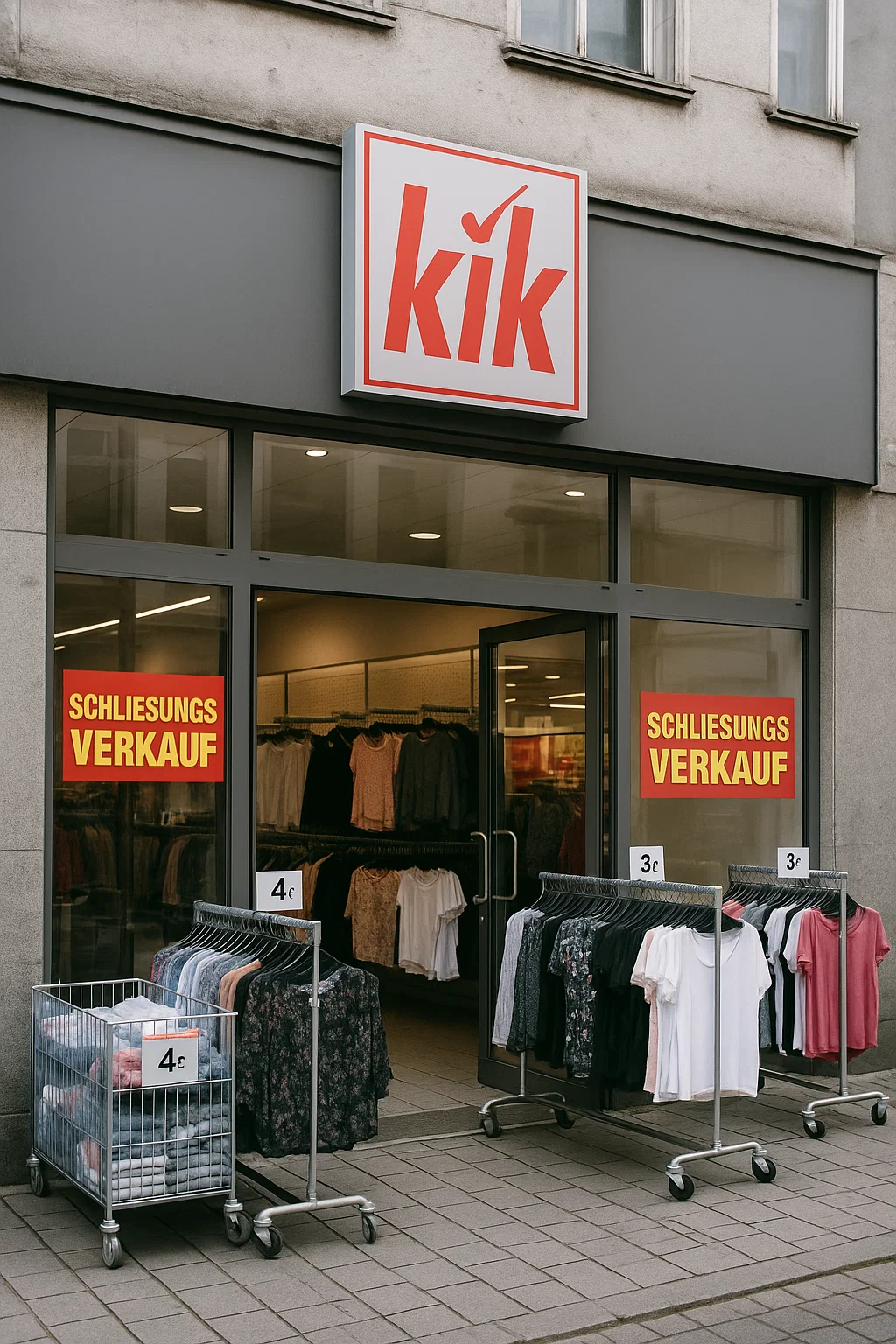 Geschlossene Kik-Filiale mit leerem Schaufenster in einer deutschen Innenstadt