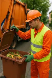 Müllwerker kontrolliert Biotonne wegen Fehlbefüllung