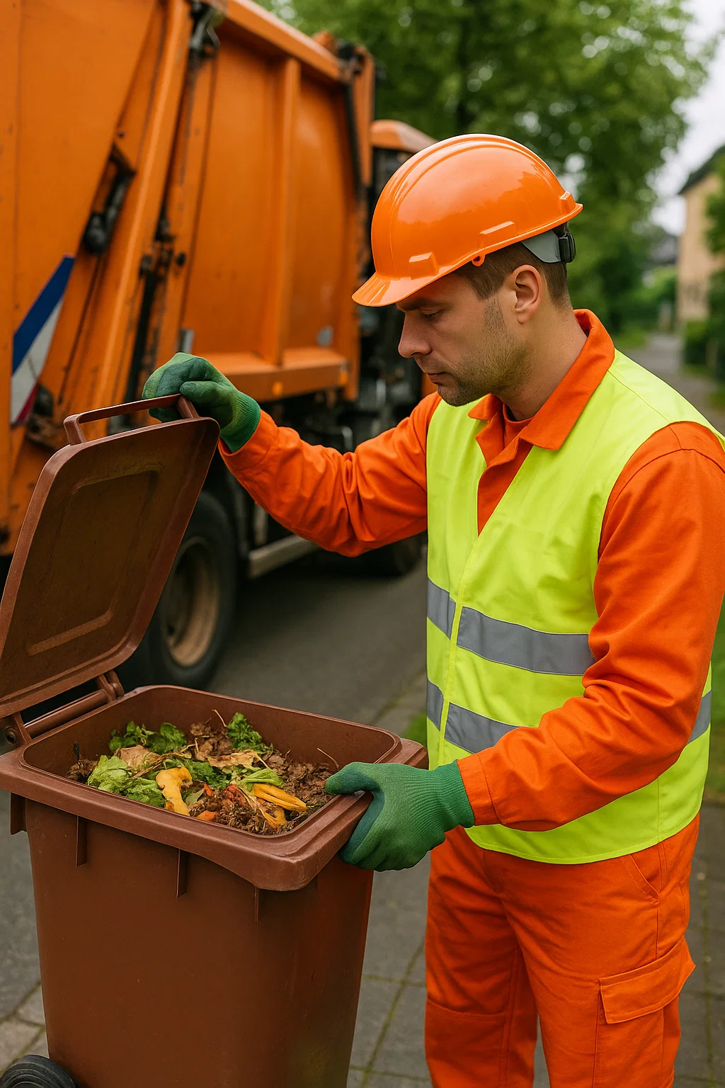 Müllwerker kontrolliert Biotonne wegen Fehlbefüllung