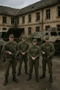 Deutsche Soldaten mit kaputten Panzern und maroden Kasernen