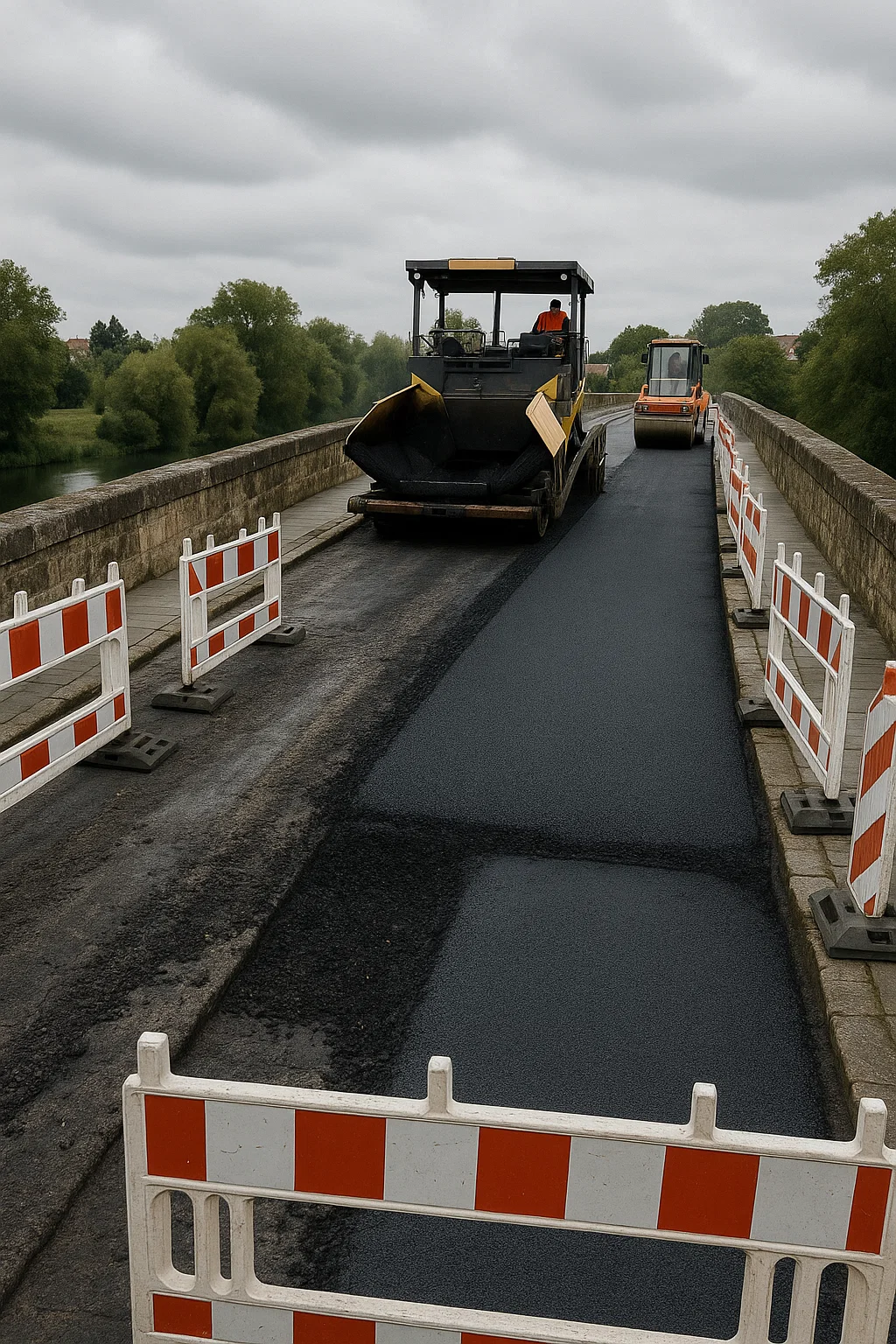 Kreisstraße K8613 in Herrnhut-Berthelsdorf mit provisorischen Absperrbaken