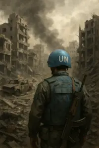 UNO-Logo vor zerstörten Häusern in Gaza