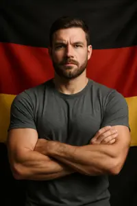 Symbolbild deutscher Mann steht stark vor Nationalflagge