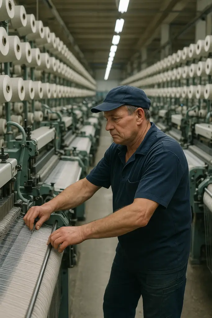 Arbeiter in einer Textilfabrik in der Oberlausitz – Symbol für ostdeutsche Traditionsbetriebe