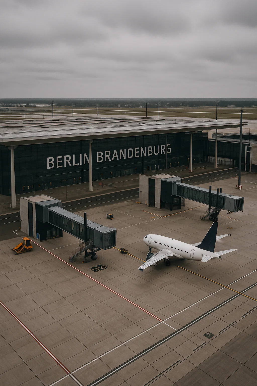 Außenansicht des Flughafens BER in Berlin fünf Jahre nach der Eröffnung