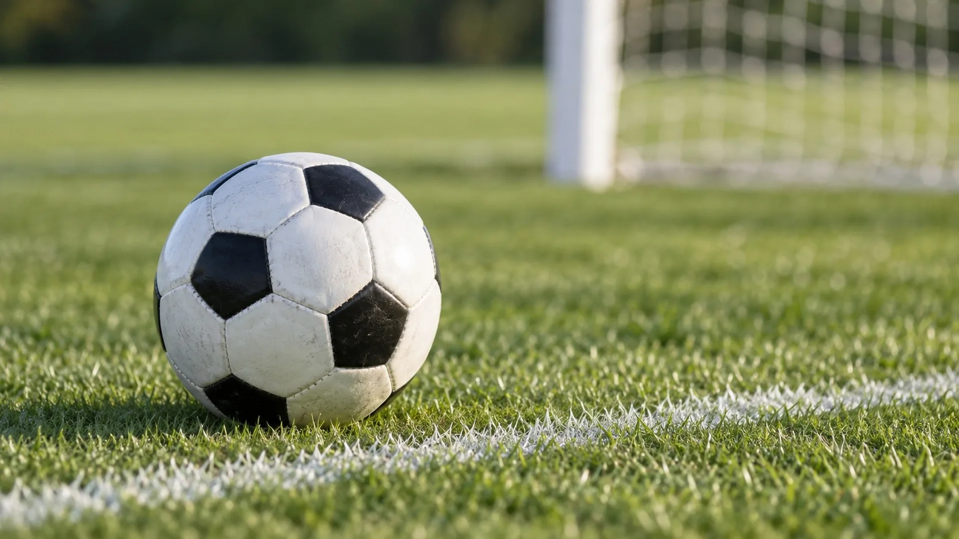 Schwarzweißer Fußball auf Rasen neben einer weißen Linie