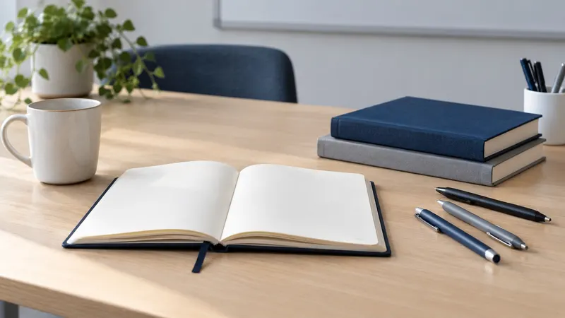 Offenes unbeschriebenes Notizbuch, Bücher, Stifte und Tasse auf einem Tisch vor einer leeren Tafel.