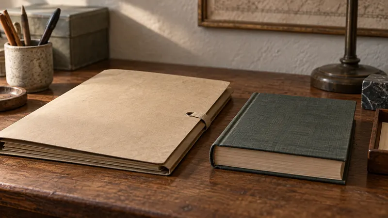 Archivmappe und geschlossenes Buch liegen auf einem Tisch.