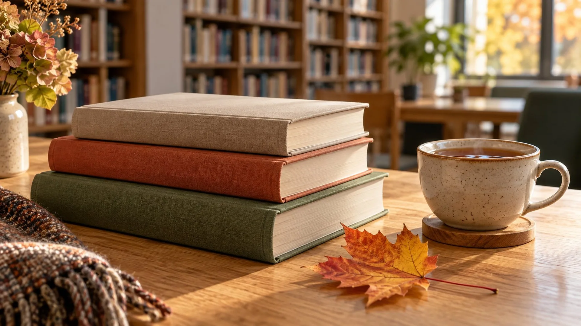 Drei geschlossene unbeschriftete Bücher liegen neben einer Tasse Tee und Herbstblättern auf einem Holztisch.
