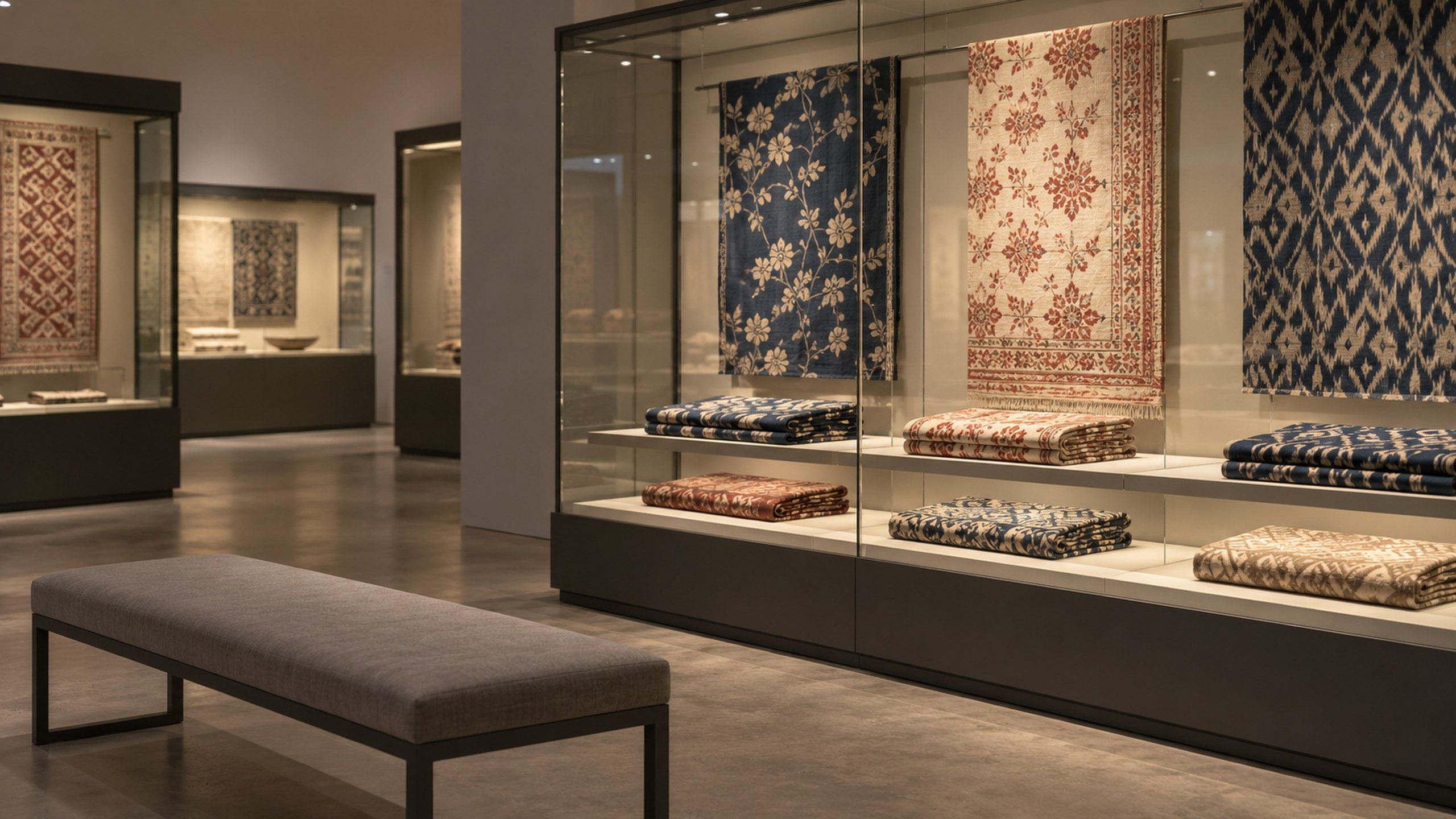 Textilien in Glasvitrinen eines ruhig beleuchteten Museumsraums.