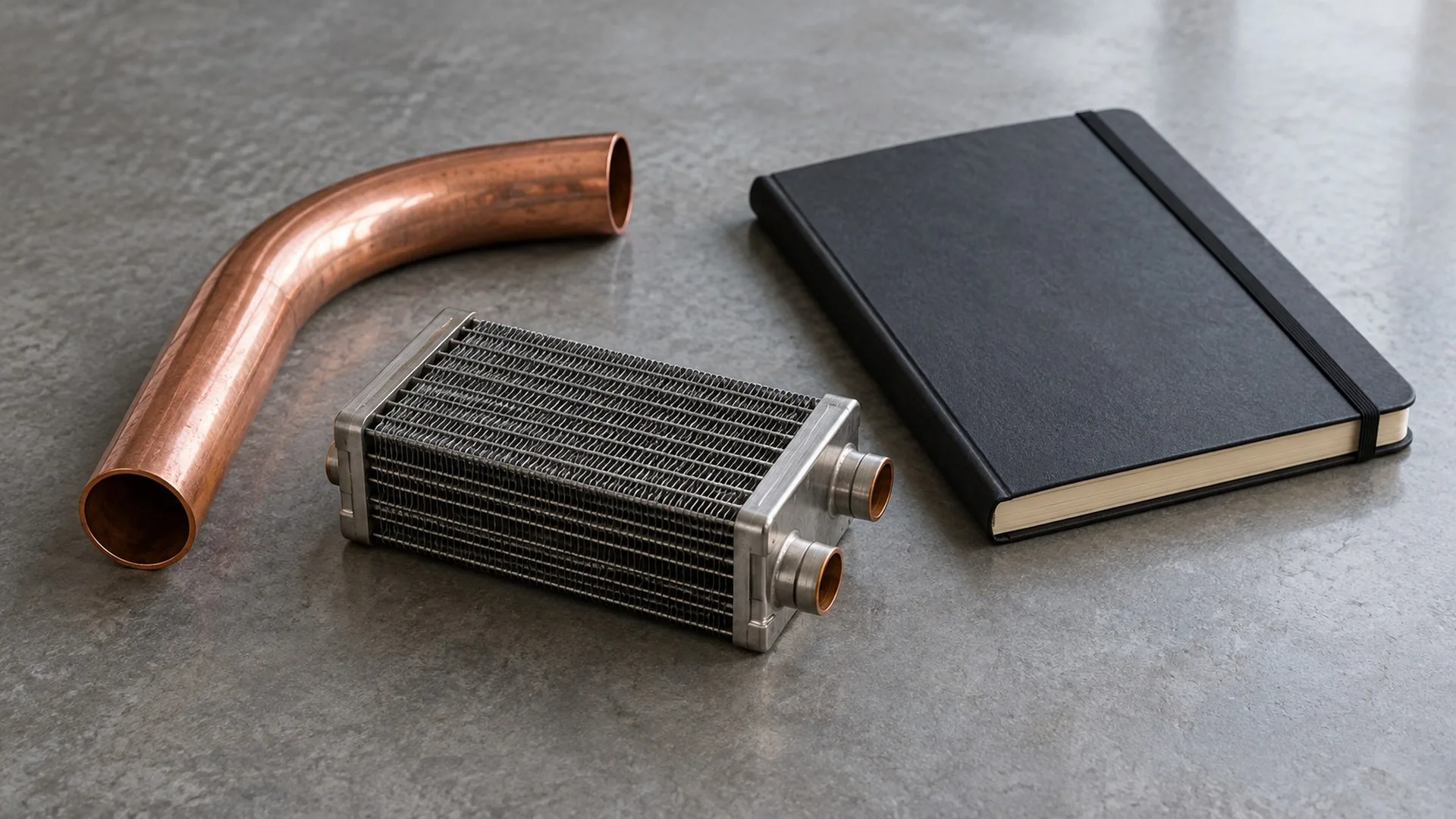 Kupferrohrbogen, kleiner metallischer Wärmetauscher und geschlossenes Notizbuch auf grauem Untergrund.