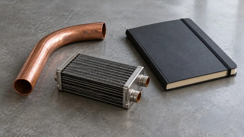 Kupferrohrbogen, kleiner metallischer Wärmetauscher und geschlossenes Notizbuch auf grauem Untergrund.