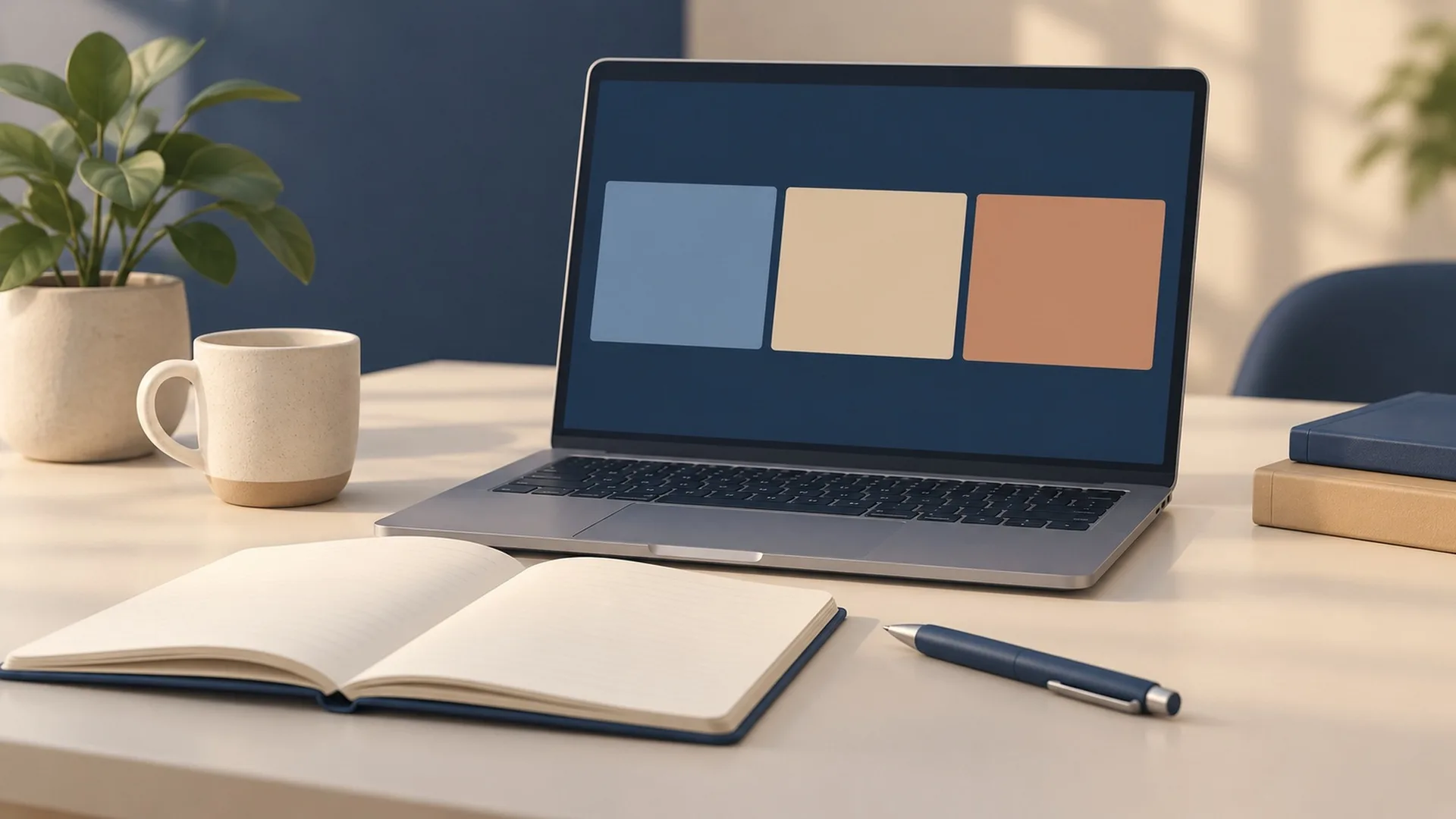 Laptop mit drei leeren farbigen Bildschirmflächen, offenes Notizbuch, Stift, Tasse und Pflanze.