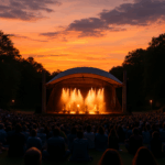 Eine Open-Air-Bühne im Park leuchtet im warmen Licht, während die Sonne untergeht und den Himmel in Orange- und Rosatönen färbt. Vor der Bühne sitzt ein großes Publikum auf einer Wiese und genießt das Konzert. Die Bühne ist von Bäumen eingerahmt, im Hintergrund sorgen Lampen entlang der Wege für stimmungsvolles Licht.