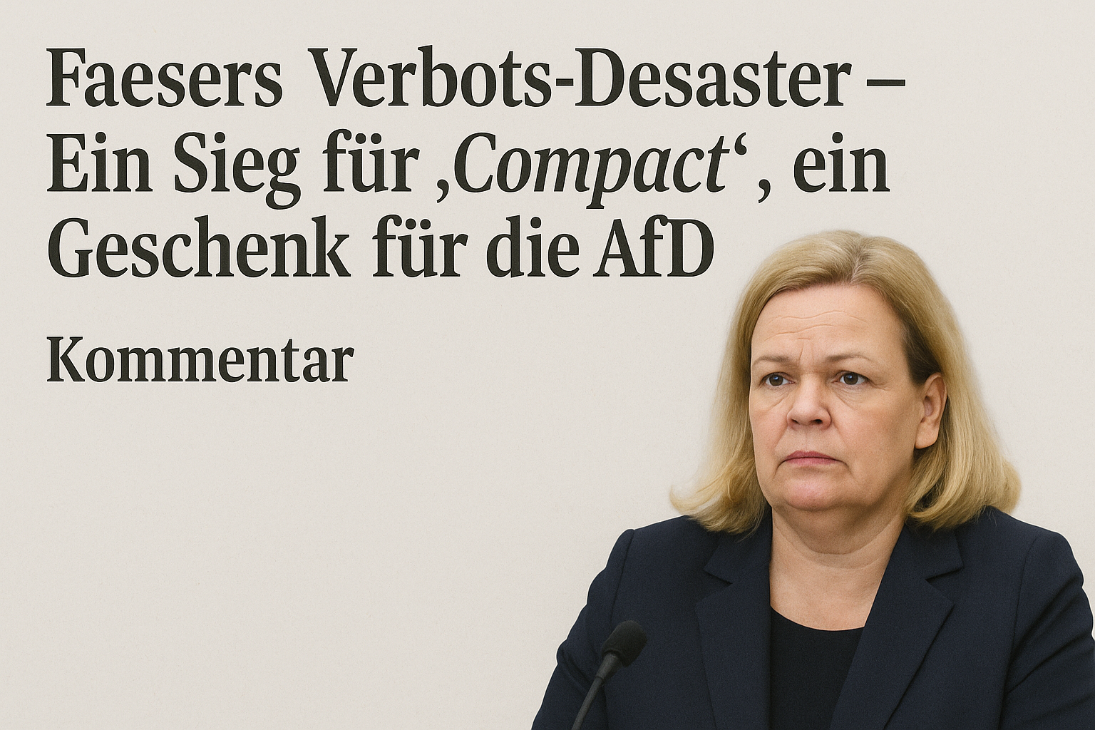 Das Bild zeigt einen realistisch gestalteten Zeitungsausschnitt mit Kommentar-Layout. Links im Bild ist groß und fett der Titel des Kommentars zu lesen: „Faesers Verbots-Desaster – Ein Sieg für 'Compact', ein Geschenk für die AfD“. Direkt darunter steht in kleinerer Schrift das Wort „Kommentar“. Rechts im Bild ist Nancy Faeser abgebildet – ernst und angespannt blickend, in einem dunkelblauen Blazer vor neutral hellem Hintergrund. Vor ihr steht ein Mikrofon, was auf eine Pressekonferenz oder eine öffentliche Stellungnahme hinweist. Der Gesichtsausdruck wirkt angespannt und nachdenklich. Das Bild vermittelt den Eindruck politischer Verantwortung und medialer Kritik.