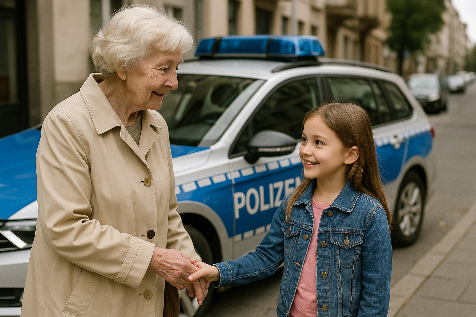 Ältere Dame und junges Mädchen vor deutschem Polizeiwagen auf städtischer Straße – Symbolbild für Polizei und Sicherheit