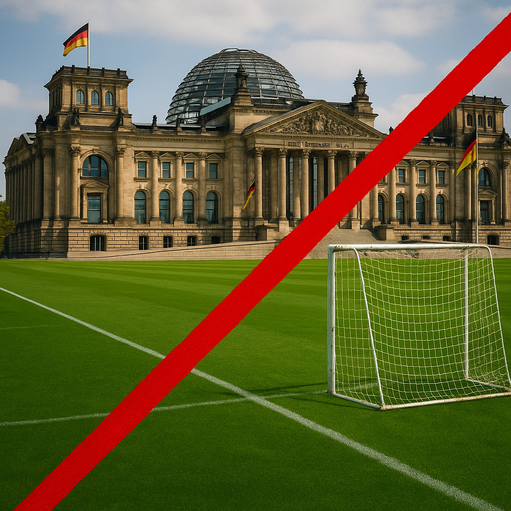 Symbolbild: Fußballfeld mit Blick auf den Reichstag in Berlin. Auf dem Rasen verläuft eine deutliche rote Linie als Symbol für die Brandmauer gegen die AfD im FC Bundestag. Im Hintergrund die Reichstagskuppel unter bewölktem Himmel.