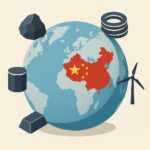 Globus mit China im Zentrum, umgeben von Symbolen für seltene Erden und Rohstoffe – Symbolbild für globale Abhängigkeit von chinesischen Exporten