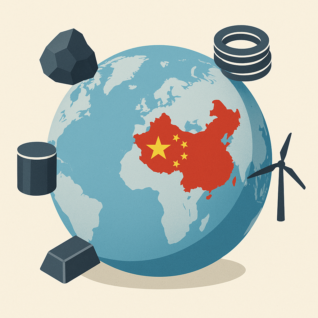 Globus mit China im Zentrum, umgeben von Symbolen für seltene Erden und Rohstoffe – Symbolbild für globale Abhängigkeit von chinesischen Exporten