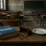 Verfallenes Klassenzimmer mit Buch „Bildung“, leerem Geldbeutel und leerem Teller – Symbol für marode Schulen und Altersarmut in Deutschland