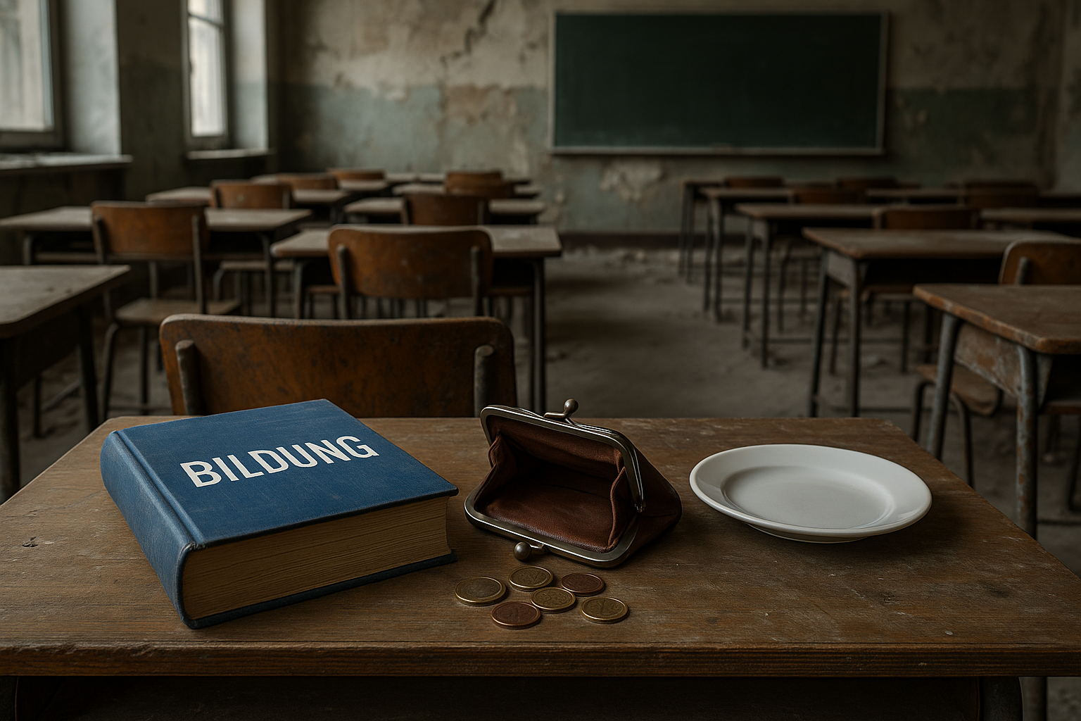 Verfallenes Klassenzimmer mit Buch „Bildung“, leerem Geldbeutel und leerem Teller – Symbol für marode Schulen und Altersarmut in Deutschland