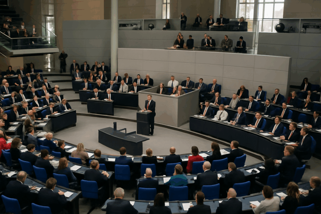 Blick in den Plenarsaal des Deutschen Bundestages während einer Sitzung. Zahlreiche Abgeordnete sitzen auf blauen Stühlen an ihren Schreibtischen, während ein Redner am Pult spricht. Im Hintergrund sitzen weitere Abgeordnete und Mitarbeitende auf erhöhten Rängen. Große Fenster lassen Tageslicht in den modernen Saal strömen.