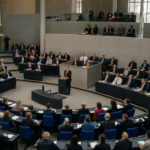 Blick in den Plenarsaal des Deutschen Bundestages während einer Sitzung. Zahlreiche Abgeordnete sitzen auf blauen Stühlen an ihren Schreibtischen, während ein Redner am Pult spricht. Im Hintergrund sitzen weitere Abgeordnete und Mitarbeitende auf erhöhten Rängen. Große Fenster lassen Tageslicht in den modernen Saal strömen.