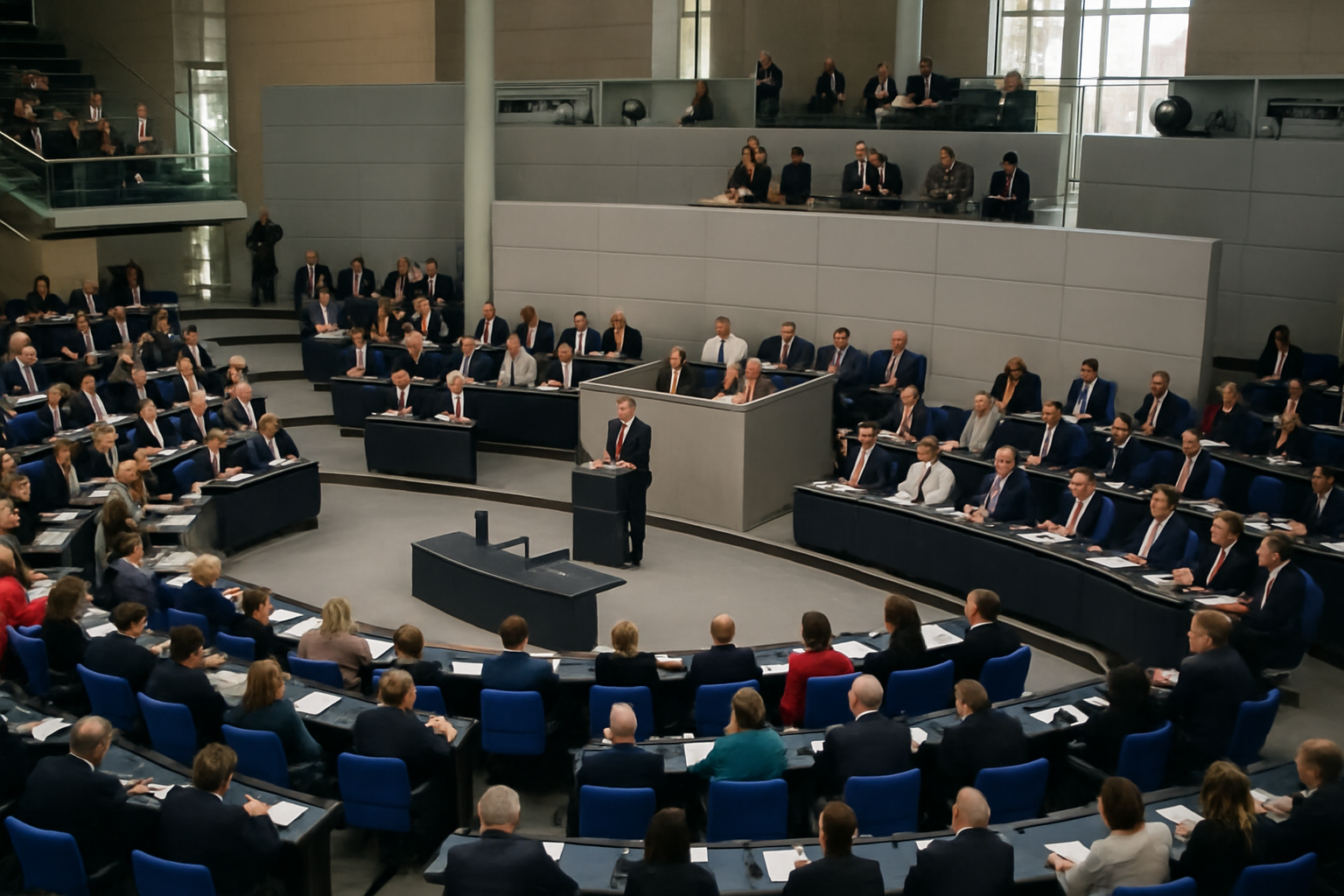 Blick in den Plenarsaal des Deutschen Bundestages während einer Sitzung. Zahlreiche Abgeordnete sitzen auf blauen Stühlen an ihren Schreibtischen, während ein Redner am Pult spricht. Im Hintergrund sitzen weitere Abgeordnete und Mitarbeitende auf erhöhten Rängen. Große Fenster lassen Tageslicht in den modernen Saal strömen.
