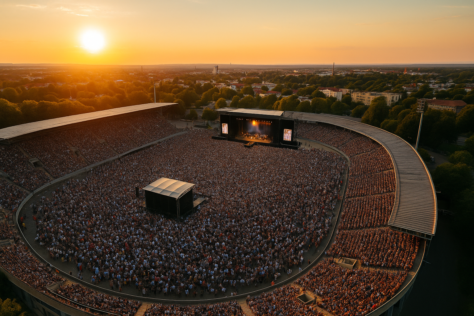 Luftaufnahme vom Andreas-Gabalier-Konzert im Rudolf-Harbig-Stadion Dresden mit tausenden Fans und großer Bühne bei Sonnenuntergang